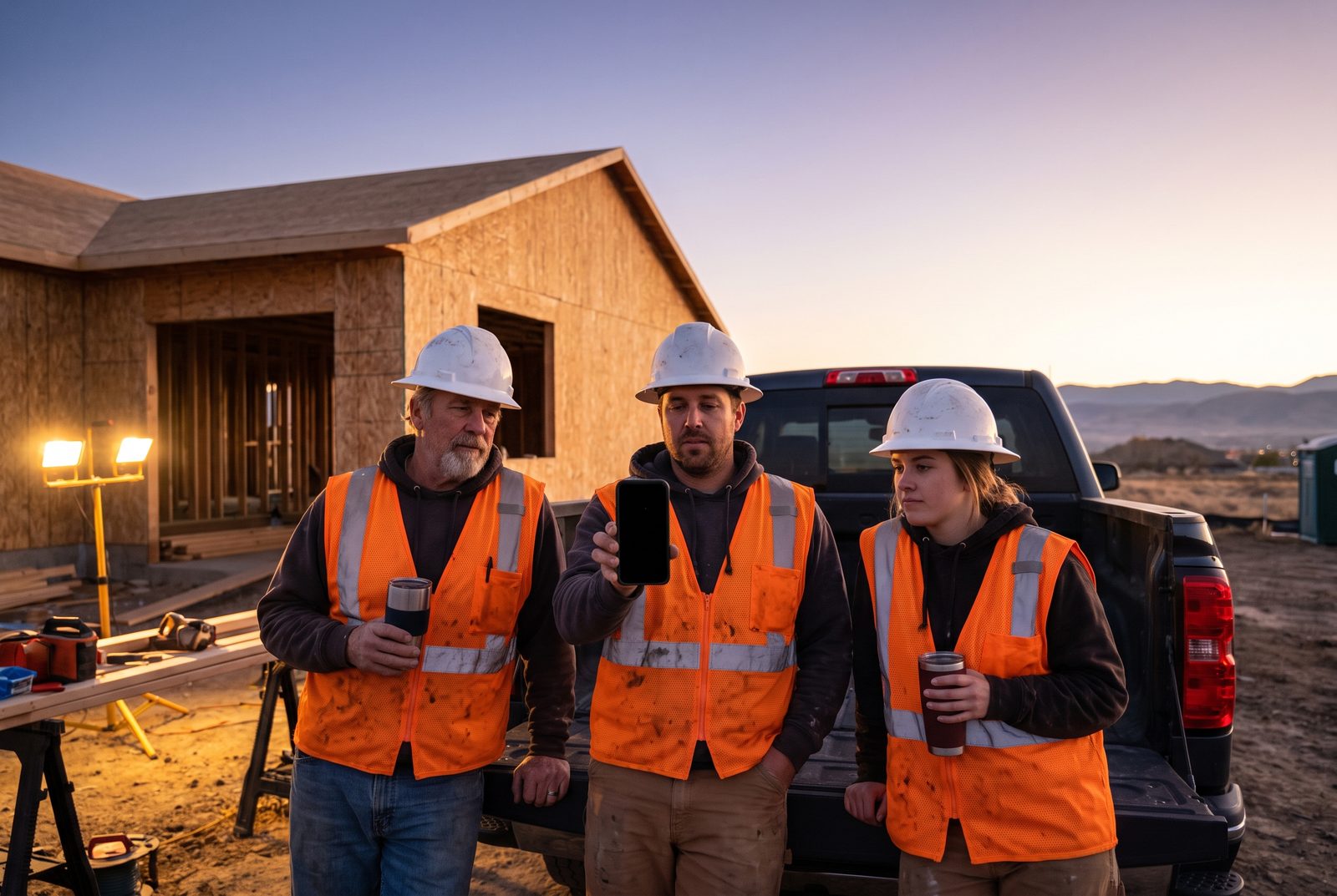 Three electricians in hi-vis vests by a pickup tailgate at first light, one holding a phone