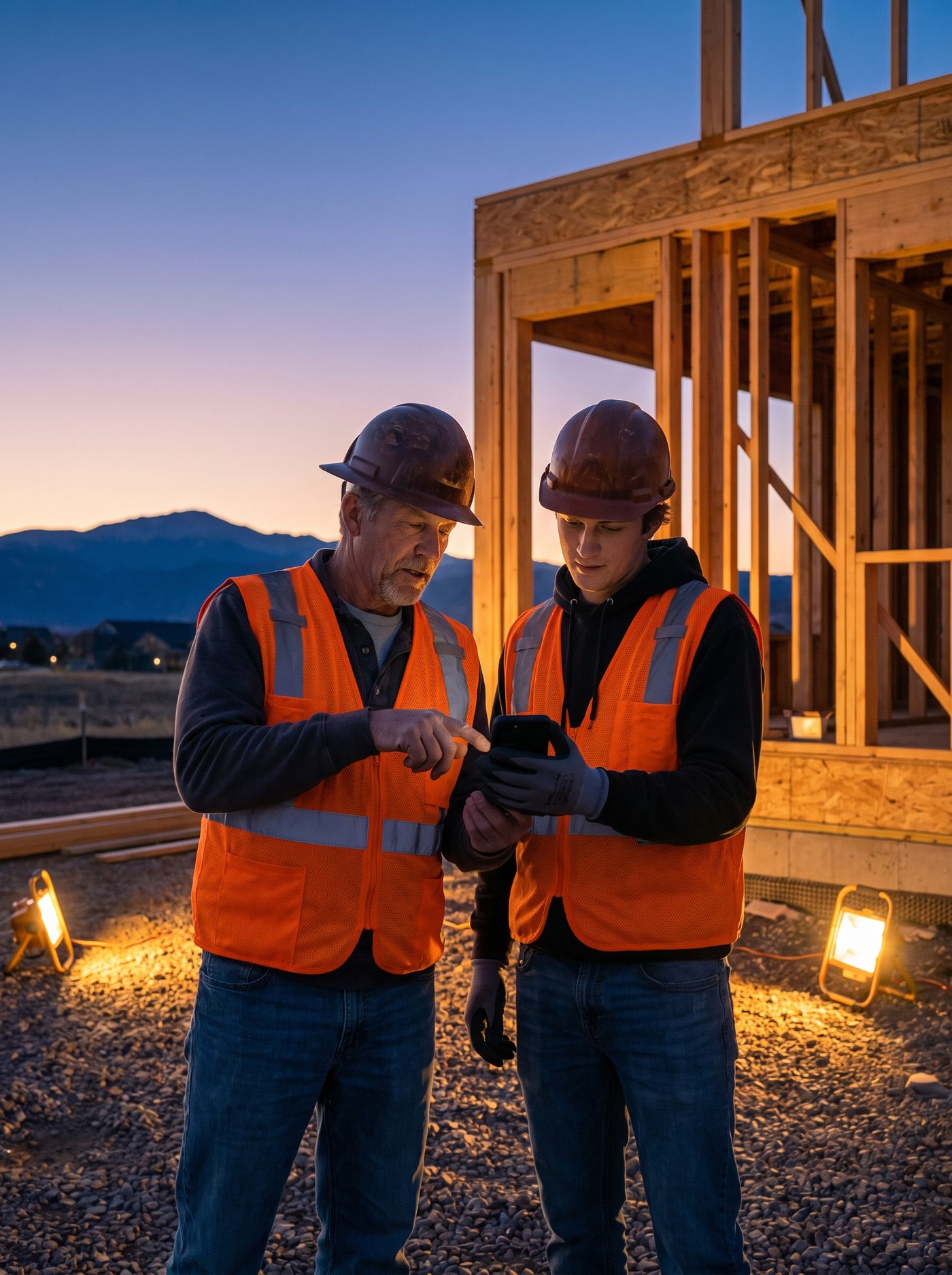 A foreman and an apprentice looking at a phone together at a jobsite at dawn