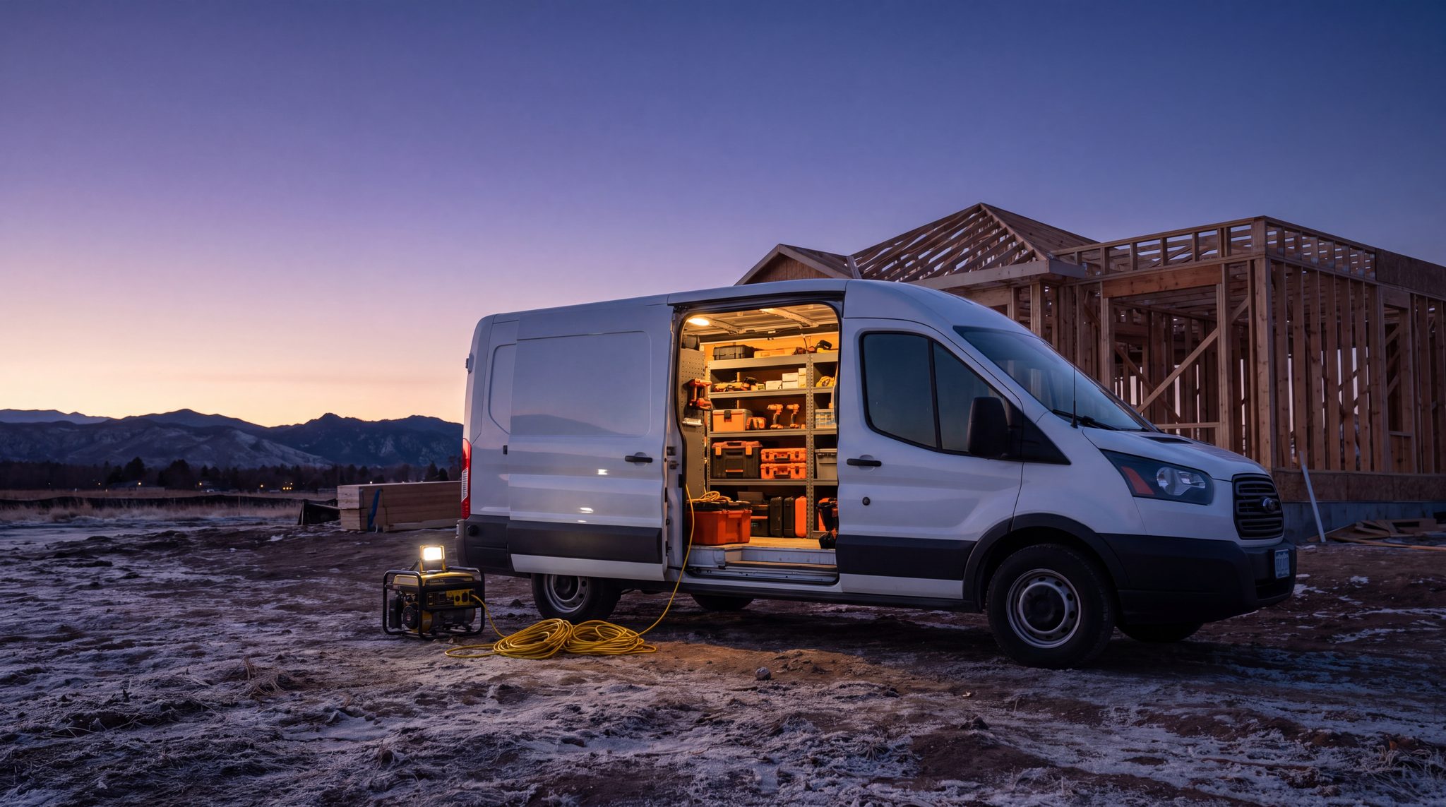 A contractor's work van with its side door open at a Lakewood jobsite at blue hour, tool shelves lit inside, the foothills behind