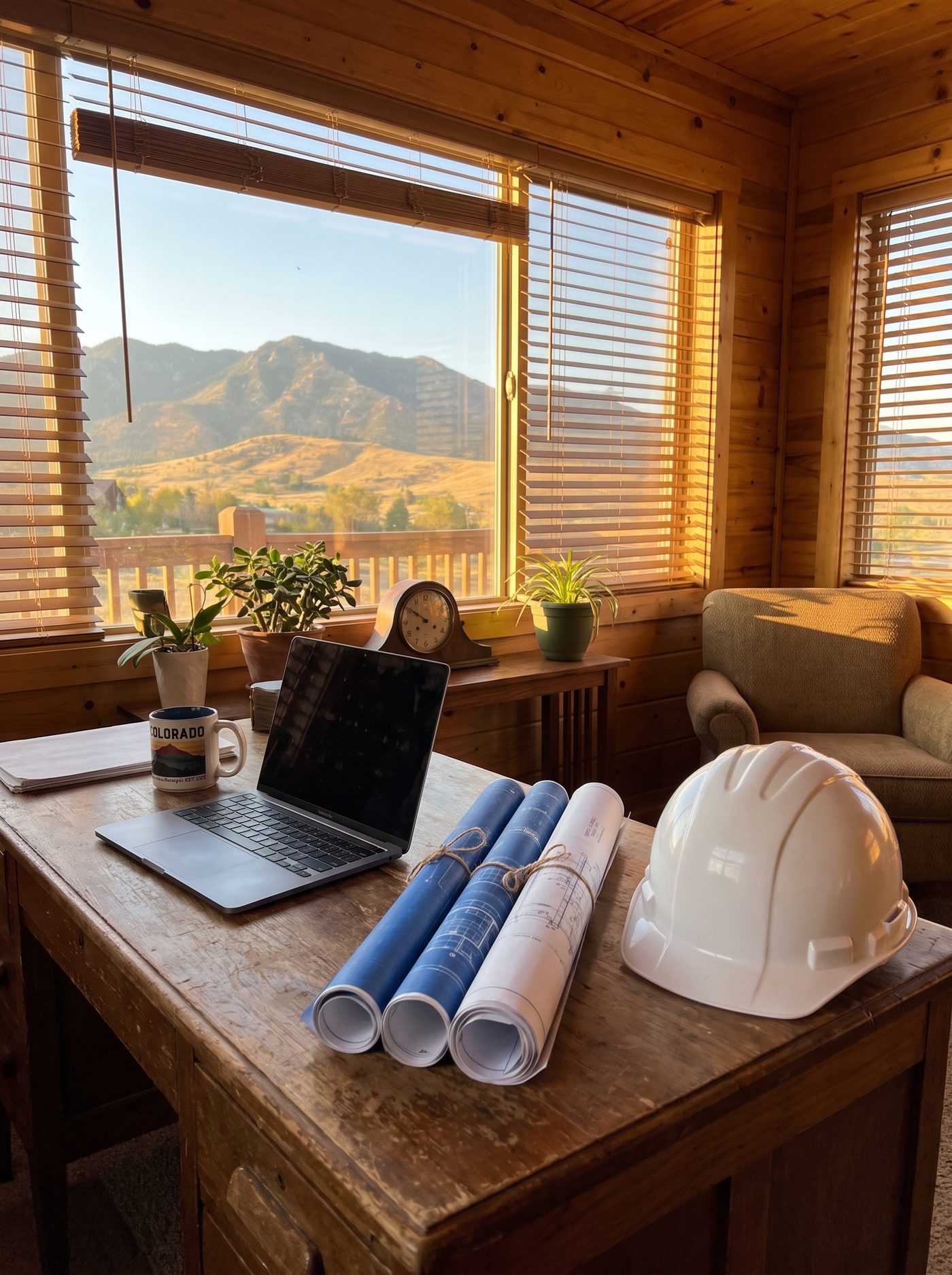 A small contractor's office at seven in the morning: a laptop, rolled plans and a hard hat on the desk