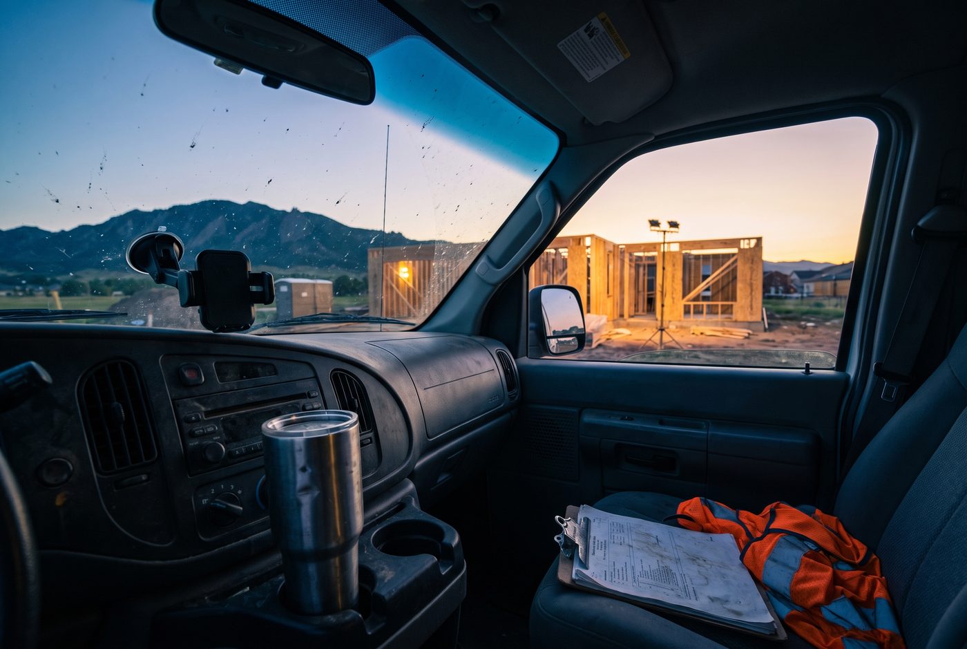 Inside a work van at dawn: coffee, a clipboard, a hi-vis vest and a jobsite through the windshield