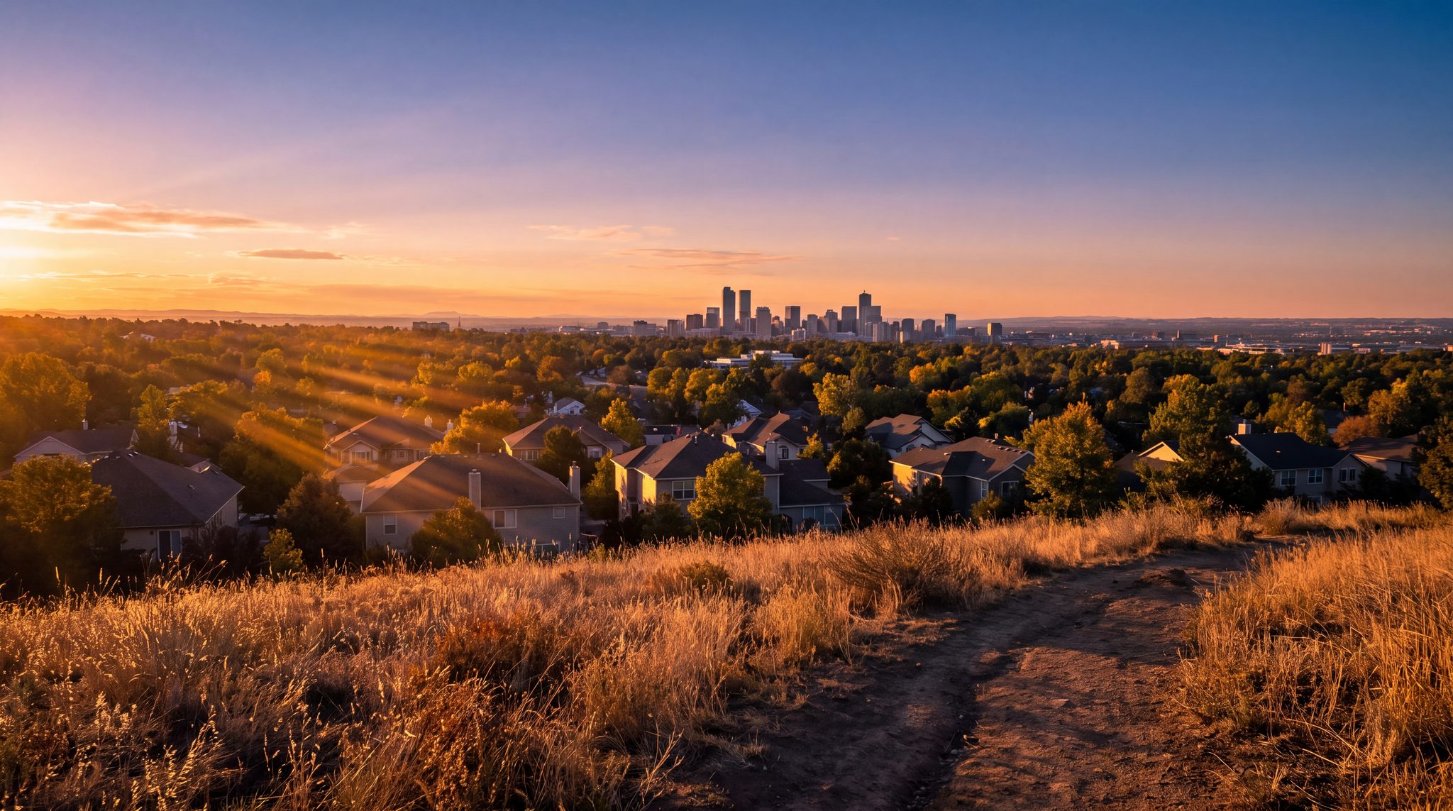 Sunrise from Green Mountain over Lakewood rooftops toward the Denver skyline